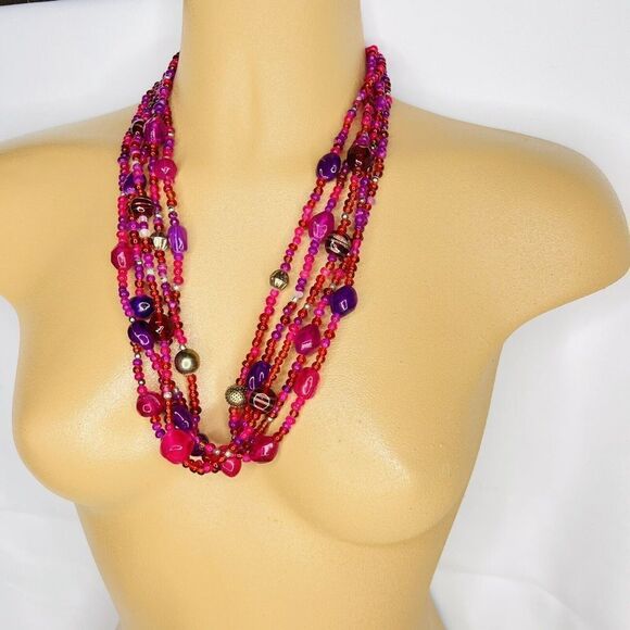Vintage Multi Strand Glass Lucite Necklace Glass Purple Pink Shade Beads 4713 - Picture 2 of 10